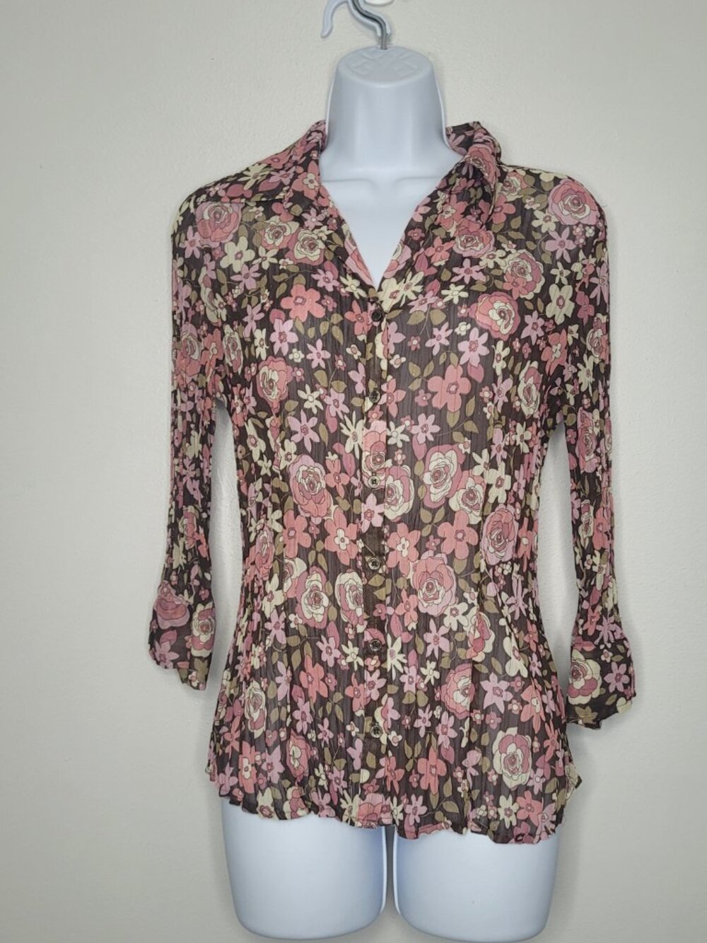 Brown pink flower groovy semi sheer button front 3/4 sleeve top artsy retro